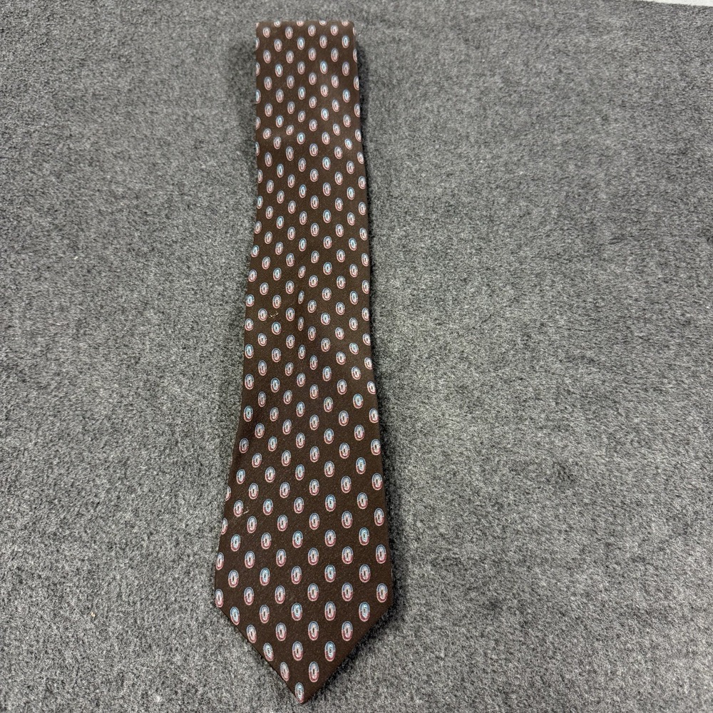 VTG Men's Silk Neck Tie Brown Blue Geometric Medallion Print Handmade in Spain